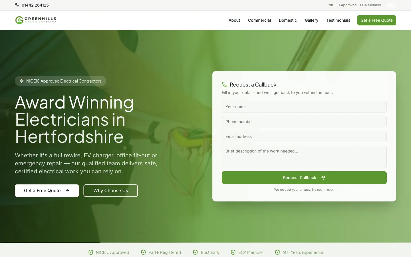 Screenshot of Greenhills Electric, a Electrician website built for free.
