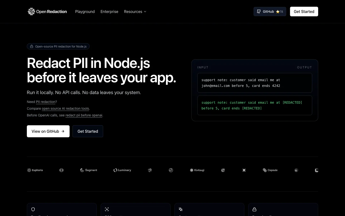 Screenshot of OpenRedaction, a SaaS website built for free.